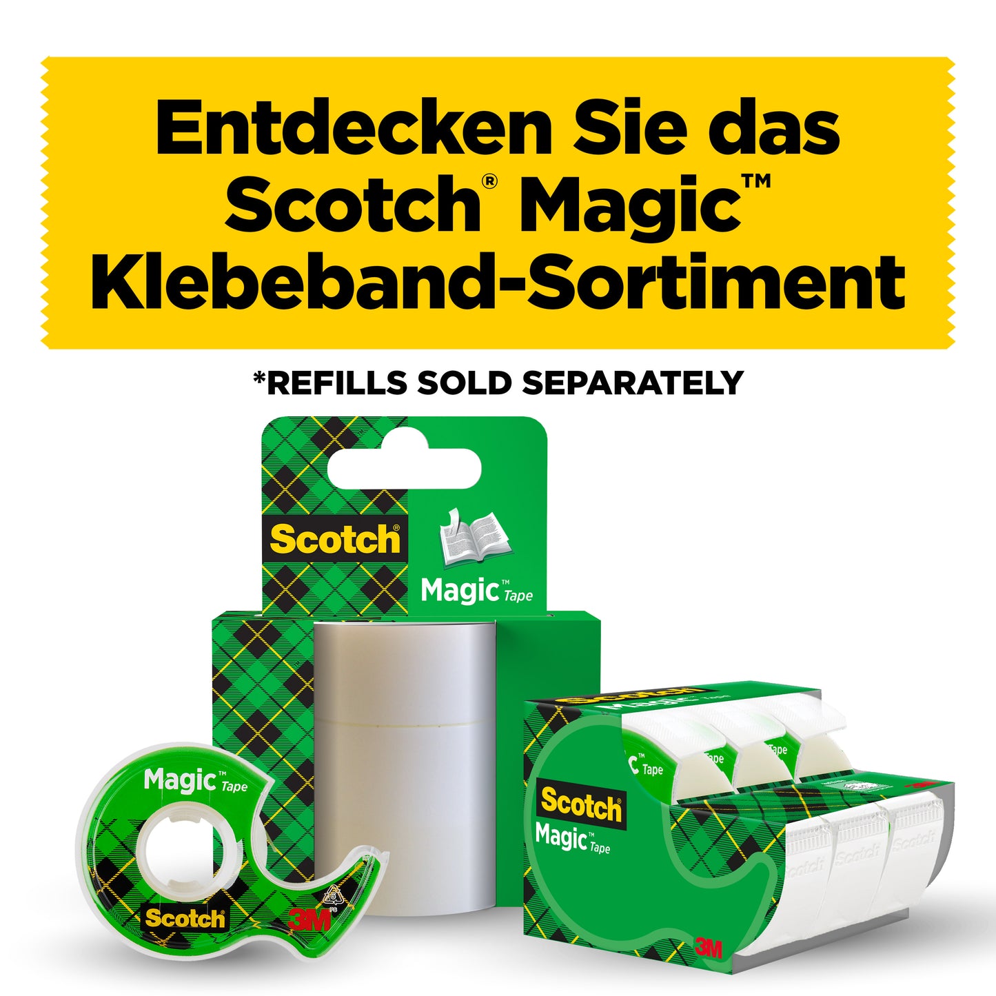 Das 3M Deutschland GmbH Scotch® Magic™ Unsichtbares Klebeband (19 mm x 25 mm) wird im Handabroller präsentiert. Ein gelbes Banner darüber verkündet: "Entdecken Sie das Scotch Magic Klebeband-Sortiment. *Nachfüllungen separat erhältlich.