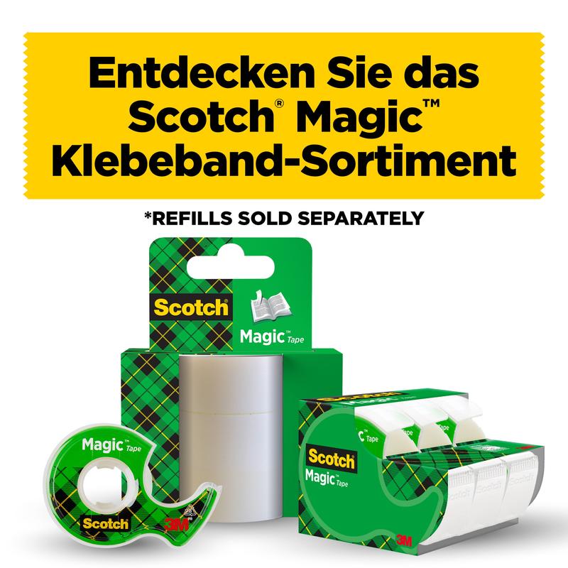 Reklamní obrázek pro Scotch® Magic™ Neviditelná lepicí páska od 3M Deutschland GmbH ukazuje 3 role (19 mm x 25 m) a jeden ZDARMA ruční odvíječ; německé zvýraznění textu upozorňuje, že doplnění je k dispozici samostatně.