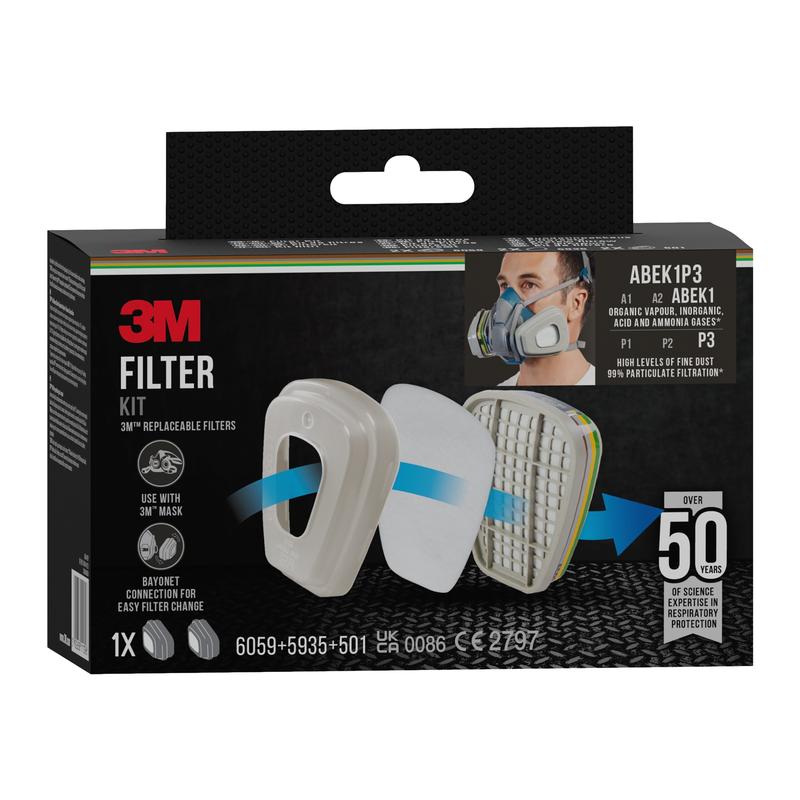 Kombinovaný filtr 3M™ 6004-1SP ABEK1P3 (2x6059, 2x5935, 2x501) od 3M Deutschland GmbH je balen v krabici s ilustracemi částí filtru, uživatelem s ochranou dýchacích cest, výměnným textem filtru, kompatibilitou s maskami a odborností.