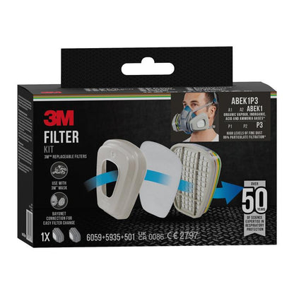 Kombinovaný filtr 3M™ 6004-1SP ABEK1P3 (2x6059, 2x5935, 2x501) od 3M Deutschland GmbH je balen v krabici s ilustracemi částí filtru, uživatelem s ochranou dýchacích cest, výměnným textem filtru, kompatibilitou s maskami a odborností.