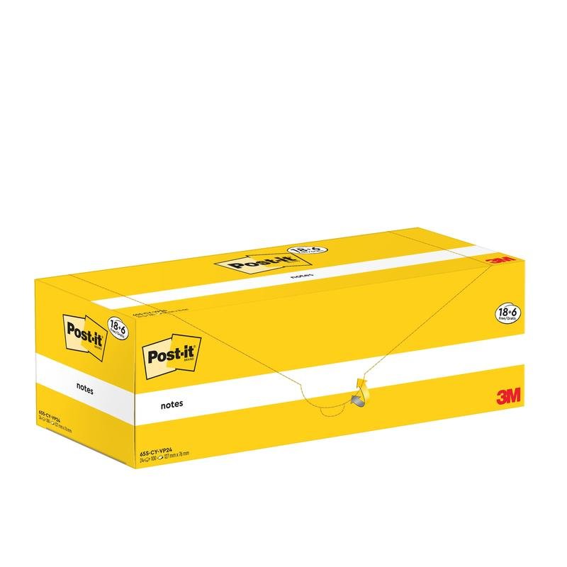 Žlutá obdélníková krabička Post-it® Notes (3M Deutschland GmbH), 76x127mm, 100 listů/blok, 18 bloků + 6 zdarma na balení, v kartonu. Ideální žluté poznámkové lístky pro organizaci - 100% PEFC certifikováno (SGSCH-PEFC-COC-110078).