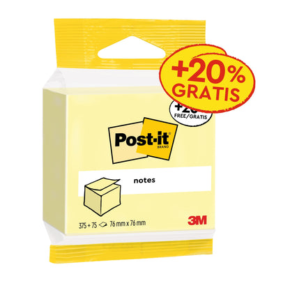 Balení 3M Post-it® Notes, žluté, 76 mm x 76 mm, s 450 listy na blok (1 blok/balení), PEFC certifikováno (SGSCH-PEFC-COC-110078), od 3M Deutschland GmbH.