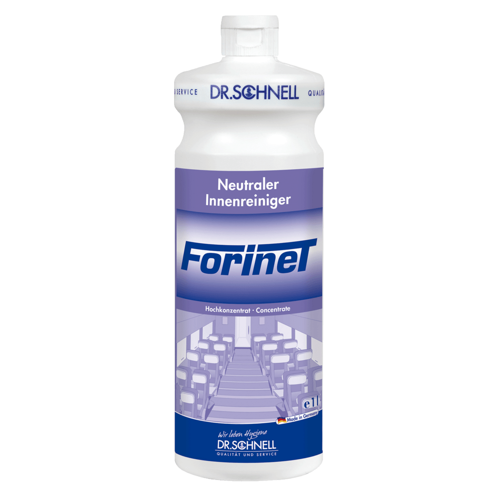 Bílá láhev Dr. Schnell FORINET čističe interiéru vozidel od společnosti DR.SCHNELL GmbH & Co. KGaA, s modro-bílou etiketou, která ukazuje interiér, ideální pro čištění interiérů automobilů a odstranění odolné špíny.