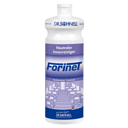 Bílá láhev Dr. Schnell FORINET čističe interiéru vozidel od společnosti DR.SCHNELL GmbH & Co. KGaA, s modro-bílou etiketou, která ukazuje interiér, ideální pro čištění interiérů automobilů a odstranění odolné špíny.