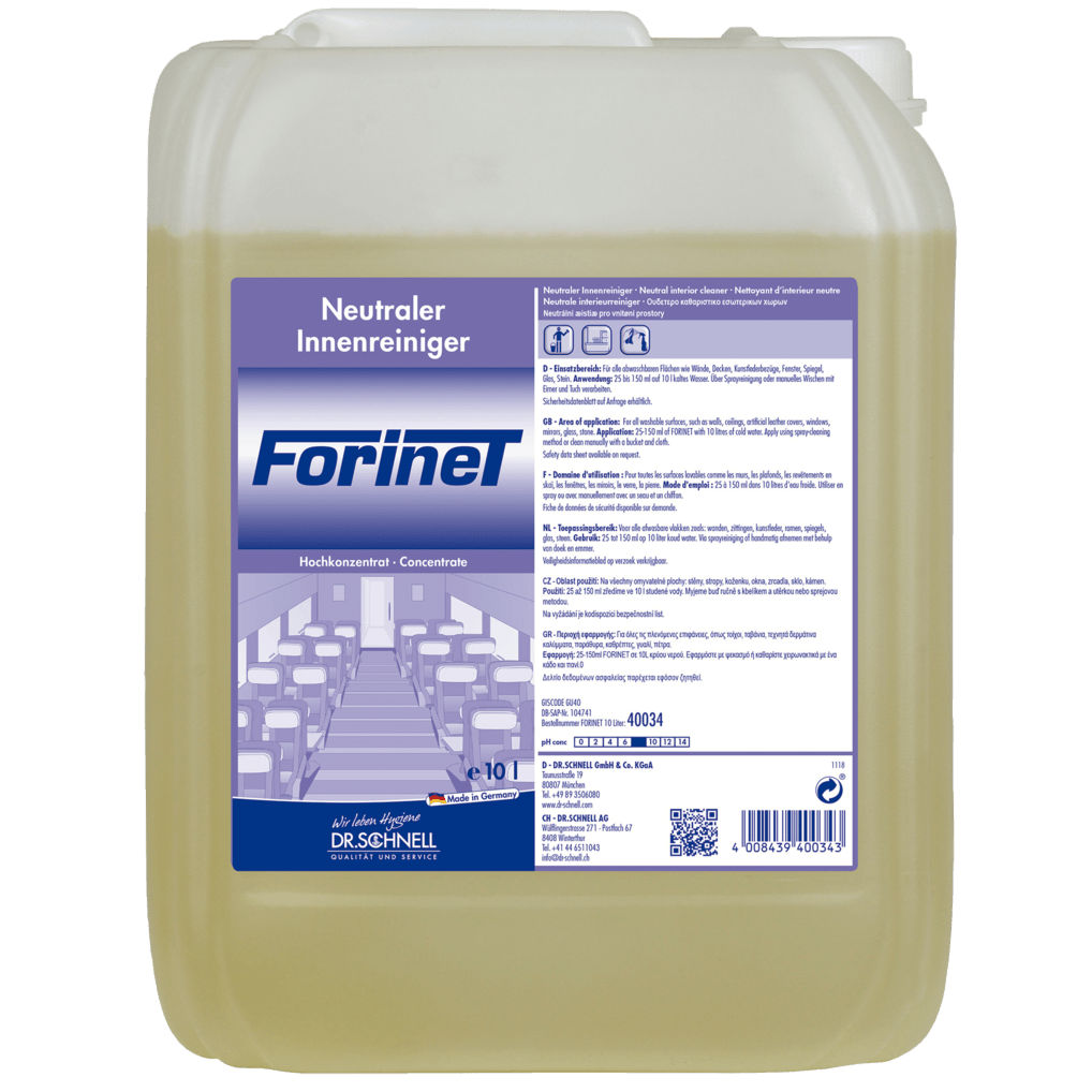 Plastová nádoba o objemu 10 litrů Dr. Schnell FORINET čističe interiéru vozidel od společnosti DR.SCHNELL GmbH & Co. KGaA, s bílým víkem a velkou etiketou s pokyny k použití, symboly a obrázky pro efektivní čištění interiéru vozidel.