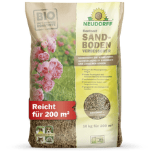 Desetikilový pytel Neudorff Shop Bentonit Zlepšovač písčité půdy vystačí na 200 m², je ideální pro písčité půdy a má obal s růžovými květy a detailním záběrem na minerální obsah.