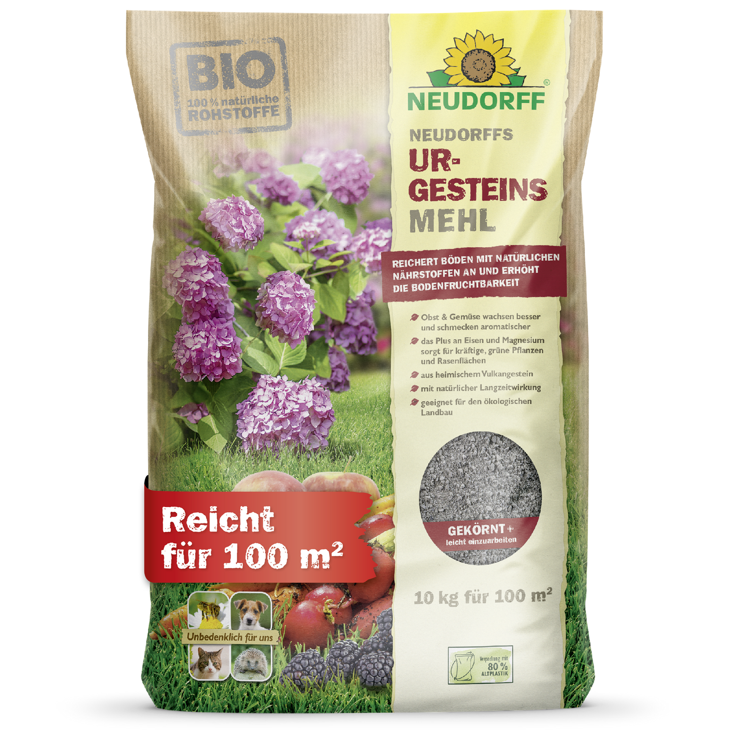 Ein 10-kg-Sack Neudorffs UrgesteinsMehl aus dem Neudorff Shop, etikettiert für 100 m², mit Hortensien- und Beerenmotiven, liefert natürliche Nährstoffe zur Steigerung der Bodenfruchtbarkeit und Verbesserung der Bodenqualität.