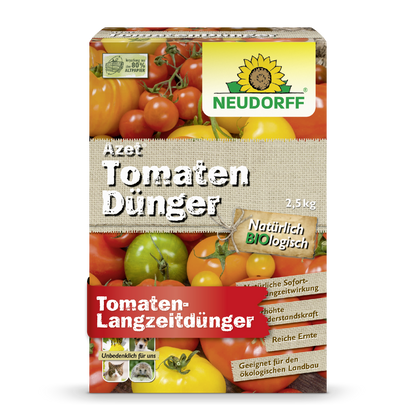 Eine Schachtel Neudorff Shop Azet TomatenDünger, 2,5 kg, mit Tomatenbildern auf der Verpackung hebt die biologische Formel hervor, die ideal für die Tomatendüngung ist und eine reiche Ernte für den ökologischen Anbau verspricht.
