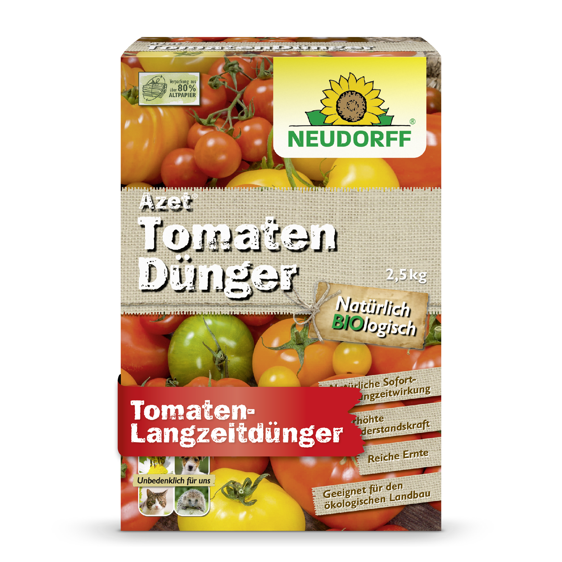 Eine 2,5-kg-Packung Neudorff Shop Azet TomatenDünger zeigt Tomaten und eine gelbe Blume und wirbt mit einem Text, der die langfristige Wirksamkeit für die Tomatendüngung und eine reiche Ernte verspricht.
