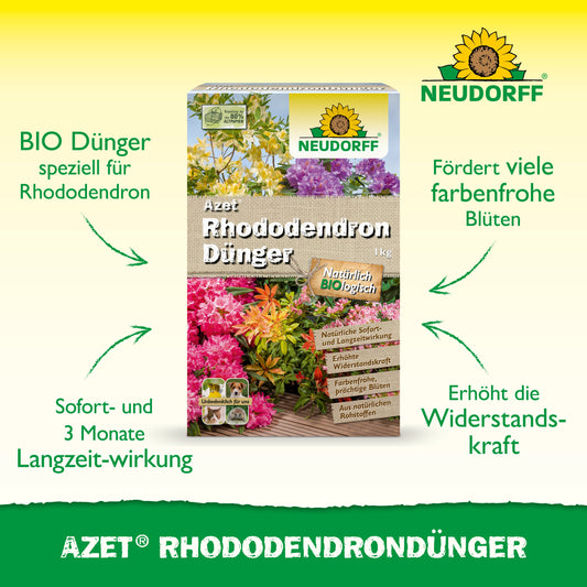 Abgebildet ist eine Schachtel Azet RhododendronDünger von Neudorff Shop mit leuchtenden Rhododendren und Azaleen auf der Verpackung und der organischen Volldünger-Formel für eine gesunde Blüte mit Sofort- und Langzeitwirkung.