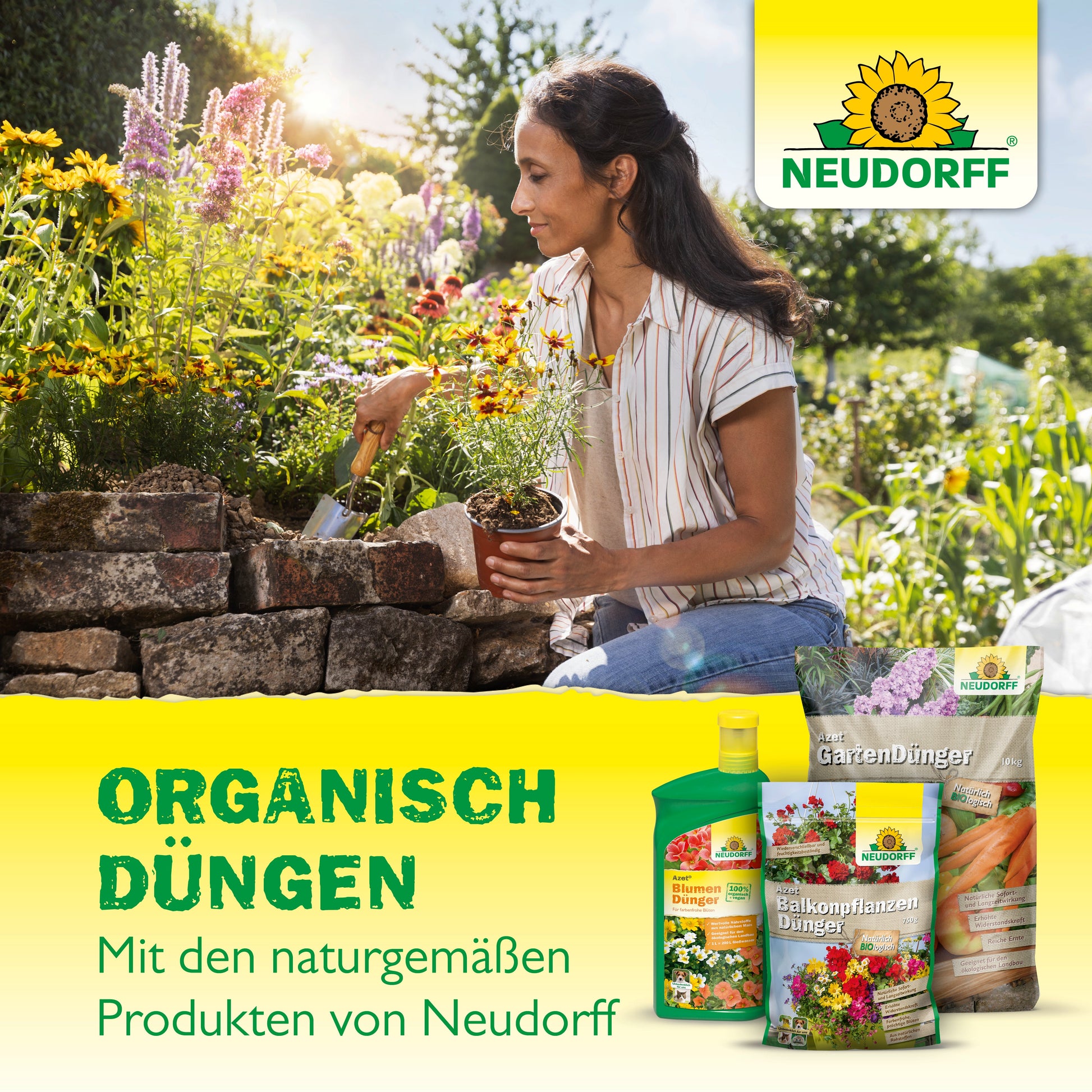 Eine Frau pflanzt Blumen an einem Hochbeet mit einer Kelle; davor steht Azet RosenDünger von Neudorff Shop. Der deutsche Text wirbt für die organische Düngung von blühenden Rosen mit dem natürlichen Azet RosenDünger von Neudorff Shop.