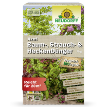 Azet Baum-, Strauch- & HeckenDünger (1kg) von Neudorff Shop, mit Abbildungen von grün- und rotblättrigen Gehölzen und übersichtlicher Produktinformation auf der Vorderseite - perfekt für Gartenfreunde.