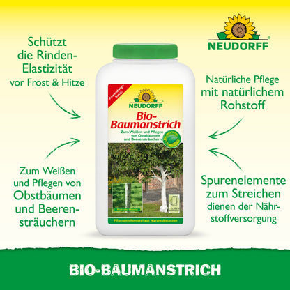 Ein Behälter mit Bio-Baumanstrich von Neudorff Shop steht mittig auf einem gelben Hintergrund mit grünem Text über die Pflege und den Schutz von Baumrinde. Auf dem Etikett sind Bäume und Anwendungsbeispiele für die natürliche Baumpflege abgebildet.