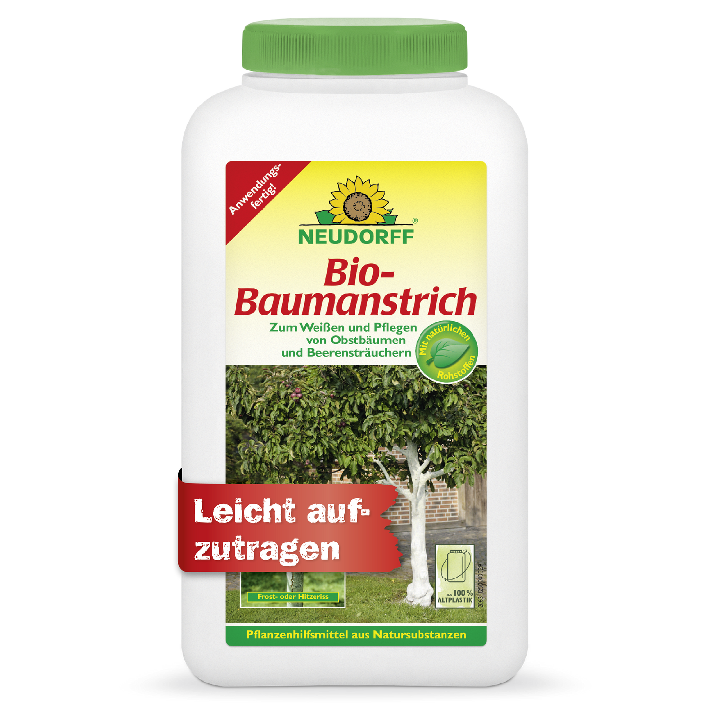 Ein weißer Behälter von Neudorff Shop mit der Aufschrift "Bio-Baumanstrich" zeigt einen Baum mit weißem Stamm. Auf dem Etikett steht "Leicht aufzutragen" und der Hinweis, dass dieses Produkt Baumrinde pflegt und schützt, ideal für Obst- und Beerenbäume.