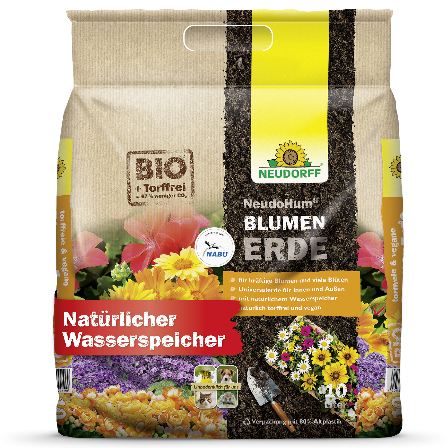Čtyřicetilitrový pytel NeudoHum BlumenErde od Neudorff Shop pro zahradní rostliny, zdůrazněný jako bezrašelinová, veganská, ekologická květinová zemina s přirozeným zásobníkem vody, barevnými květinami na obalu a eko-štítky.
