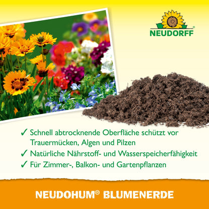 Fotografie barevných květin, hromada NeudoHum BlumenErde a text o výhodách pro pokojové, balkonové a zahradní rostliny na žluto-zeleném pozadí s logem Neudorff Shop.