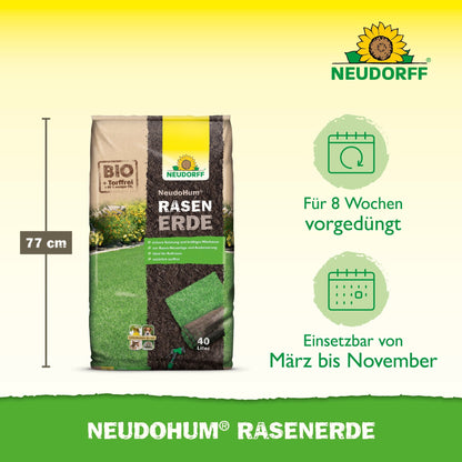 Zobrazen je 40-litrový pytel NeudoHum RasenErde od Neudorff Shop s výškou 77 cm, předhnojením na 8 týdnů a vhodností pro použití od března do listopadu. Vpravo nahoře je zobrazeno logo Neudorff.