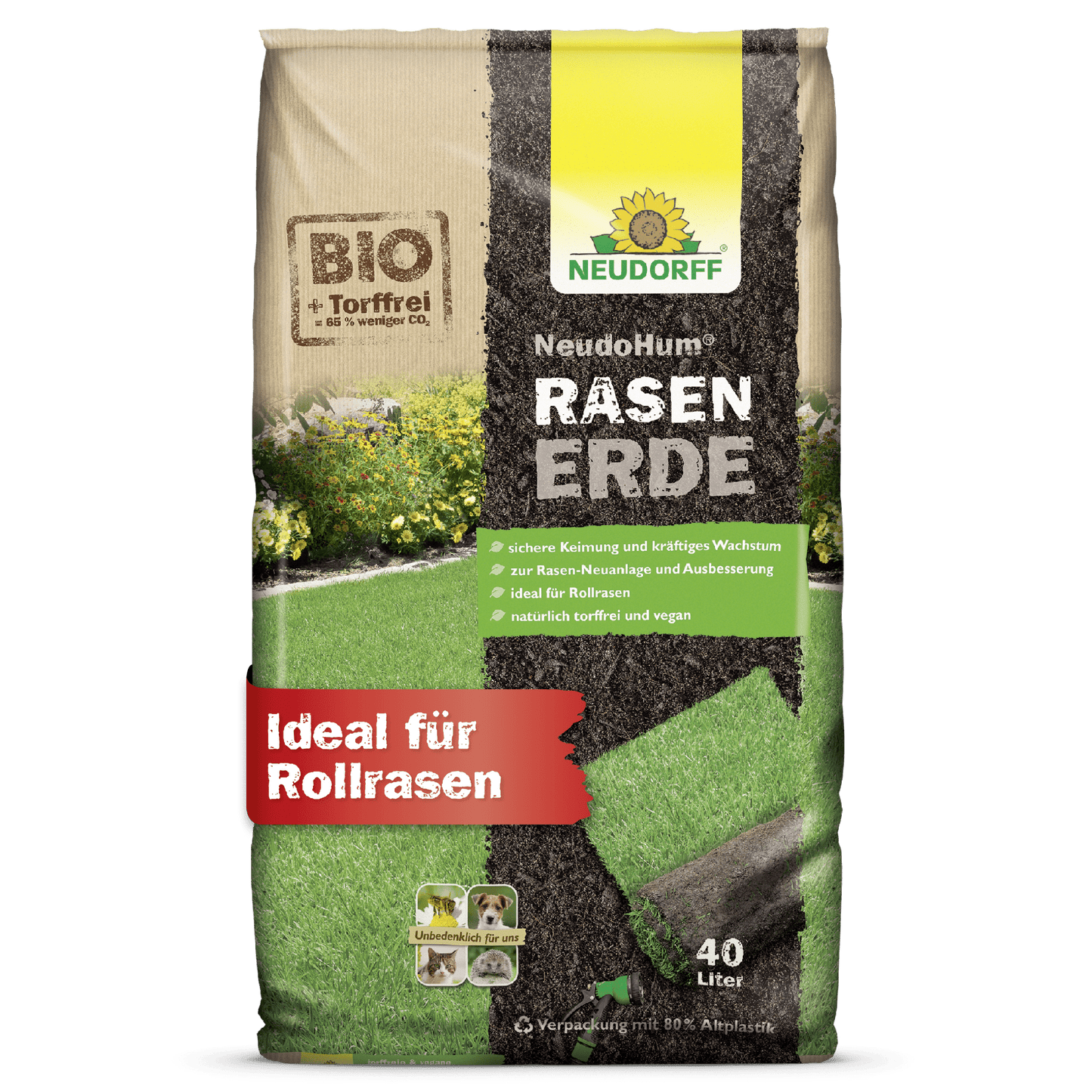 Neudorff Shop NeudoHum RasenErde je 40L biologická, rašelinná, veganská trávníková zemina - ideální pro zakládání zeleného trávníku nebo rolovacích trávníků, jak je zobrazeno na obalu trávníku. Perfektní pro travnaté plochy a zdravý růst.
