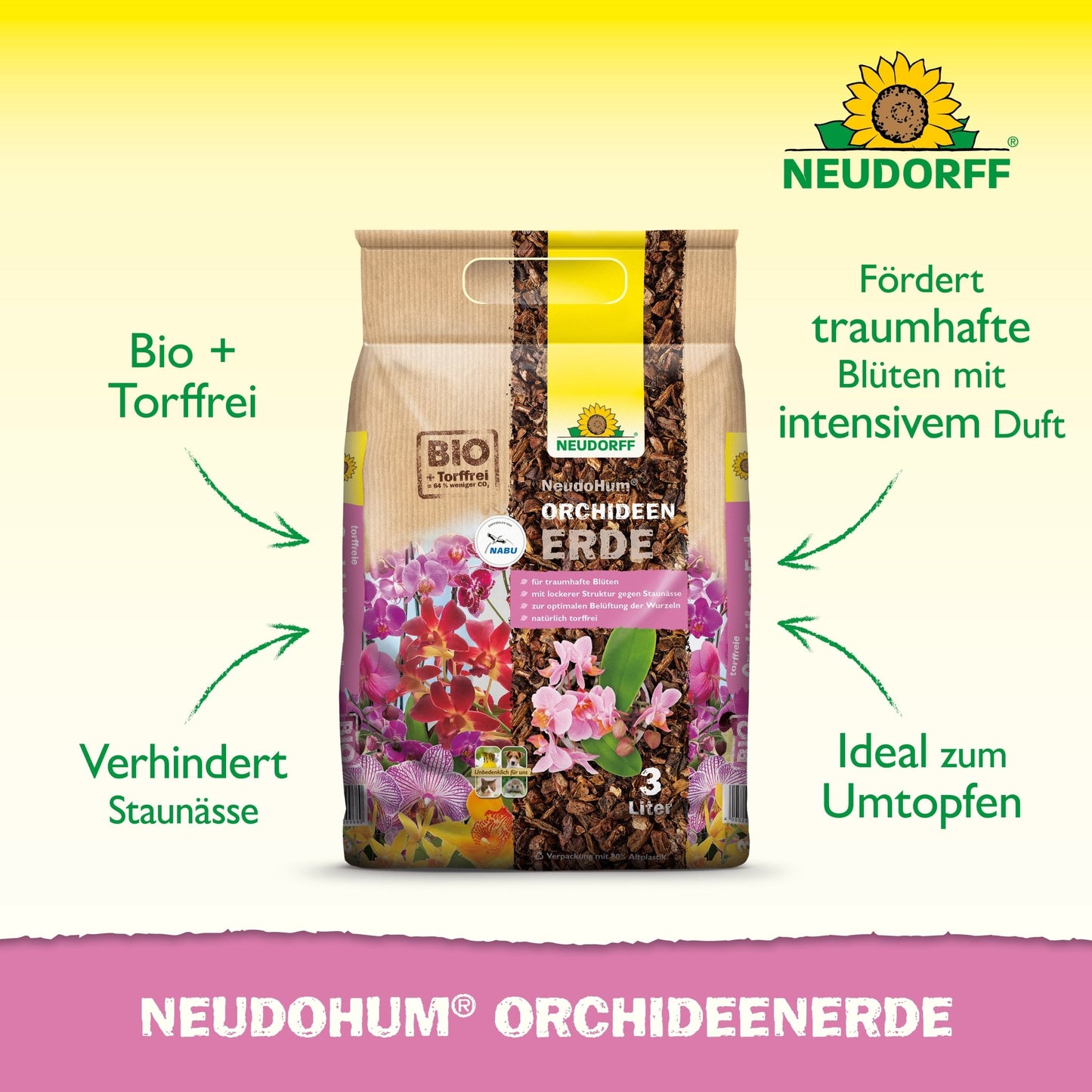 Na obrázku je třílitrový sáček Neudorff Shop NeudoHum OrchideenErde. Tato rašelina je ideální pro přesazování orchidejí, podporuje kvetení, zabraňuje přemokření a zajišťuje snadnou péči o orchideje, jak je uvedeno na obalu.