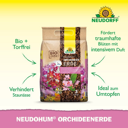Na obrázku je třílitrový sáček Neudorff Shop NeudoHum OrchideenErde. Tato rašelina je ideální pro přesazování orchidejí, podporuje kvetení, zabraňuje přemokření a zajišťuje snadnou péči o orchideje, jak je uvedeno na obalu.