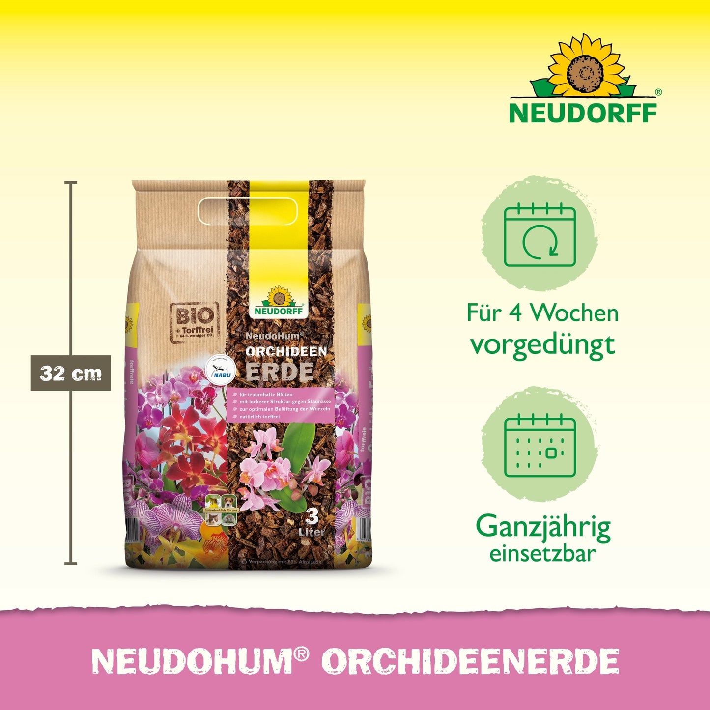 Třílitrový sáček NeudoHum OrchideenErde z Neudorff Shop stojí vzpřímeně vedle 32 cm vysoké stupnice, na které je uvedeno 4 týdny předhnojení a celoroční použití. Pozadí je v odstínech žluté a růžové.
