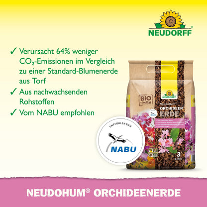 Sáček NeudoHum OrchideenErde z Neudorff Shop stojí vzpřímeně s nápisem "rašelina", sníženým CO₂, obnovitelnými surovinami a doporučením NABU. Ideální pro přesazování orchidejí a udržitelnou péči. Vedle sáčku se nachází plaketa NABU.