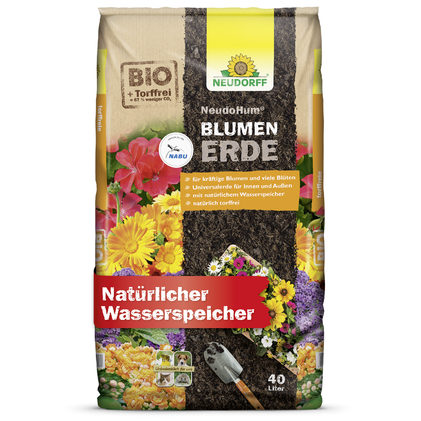 Čtyřicetilitrový pytel NeudoHum BlumenErde od Neudorff Shop s motivy květin, lopatkou a etiketami, které zdůrazňují bio kvalitu a přirozené zadržování vody - perfektní pro zahradní rostliny a kvalitní pěstební substrát.