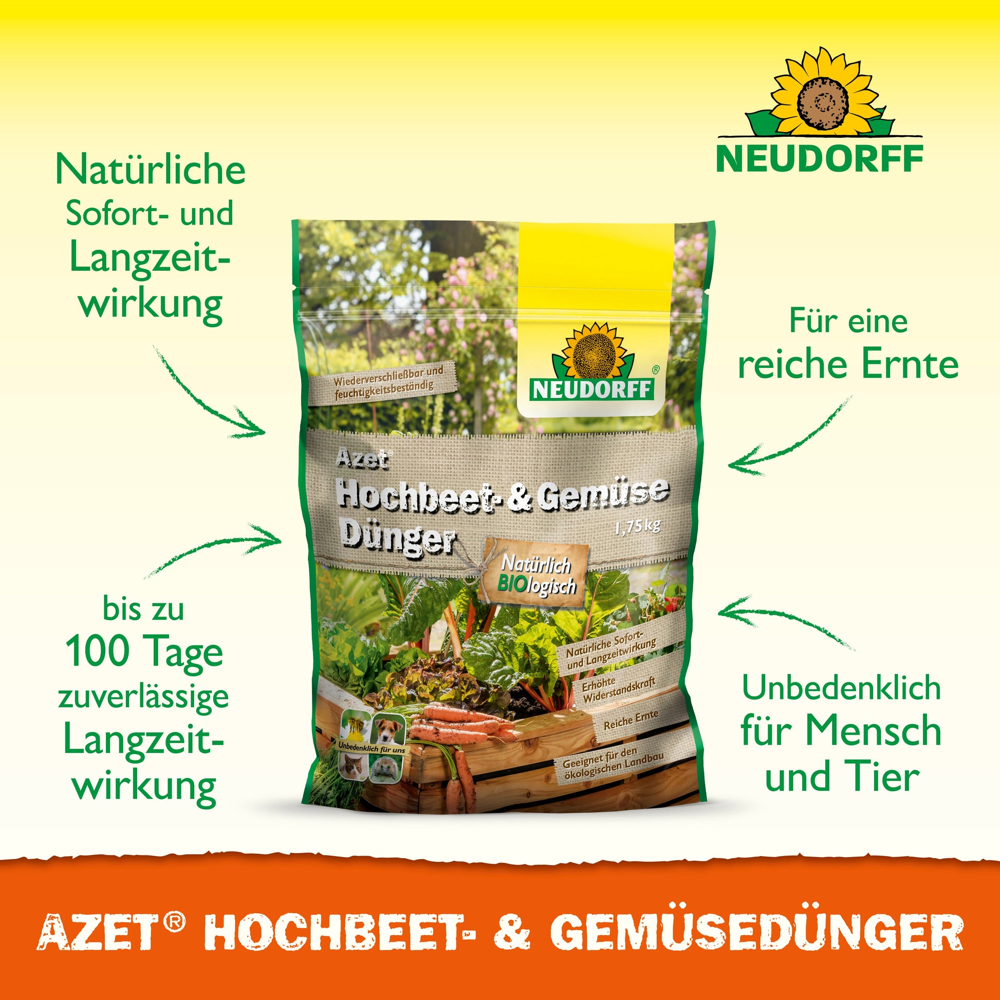 Ein Beutel Neudorff Shop Azet Hochbeet- & GemüseDünger steht aufrecht, mit grünem Text über die natürliche Langzeitwirkung, die sichere Anwendung in der Nähe von Mensch und Tier und den verbesserten Ertrag. Bilder von Gemüse und Kräutern zieren den Hintergrund.