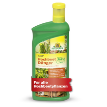 Eine grüne Plastikflasche von Neudorff Shop Azet HochbeetDünger flüssig mit gelbem Verschluss, beschriftet mit 100% Bio, nährstoffreich, ideal für Hochbeetpflanzen und mit Gemüse auf der Vorderseite.