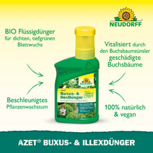 Eine Flasche Neudorff Shop Azet Buxus- & IlexDünger flüssig steht auf einer grünen Fläche. Der Text hebt die organische, 100% natürliche und vegane Formel hervor, die das Wachstum fördert und Buxus und andere immergrüne Topfpflanzen revitalisiert.
