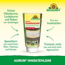 Trubička Aurum InsektenLeim od Neudorff Shop stojí vzpřímeně a nese německý text o ochraně ovocných stromů před mravenci a samicemi zimních můr. Na zeleno-žlutém pozadí je nahoře vidět logo Neudorff.