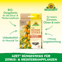 Gezeigt wird eine Packung Neudorff Shop Azet Düngesticks für Zitrus- & Mediterranpflanzen. Die Bio-Formel ist sicher für Menschen und Haustiere, nährt Zitruspflanzen für 3 Monate und ist perfekt für Balkone oder Terrassen mit Zitronen oder Oliven.