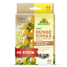 Azet Düngesticks für Zitrus- & Mediterranpflanzen aus dem Neudorff Shop sind organische Düngestäbchen für Zitrus- und mediterrane Töpfe, ideal für Balkon und Terrasse. Die Box zeigt Zitronen und enthält 40 graue Stäbchen.