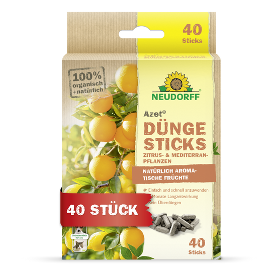Azet Düngesticks für Zitrus- & Mediterranpflanzen aus dem Neudorff Shop sind organische Düngestäbchen für Zitrus- und mediterrane Töpfe, ideal für Balkon und Terrasse. Die Box zeigt Zitronen und enthält 40 graue Stäbchen.