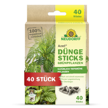 Die Azet Düngesticks für Grünpflanzen von Neudorff Shop werden in einer Schachtel mit einem Pflanzenbild, einer Produktinformation und einem "40 Stück"-Etikett geliefert. Die Verpackung hebt die 100% biologischen, natürlichen Inhaltsstoffe und die Nährstoffdepot-Technologie hervor.