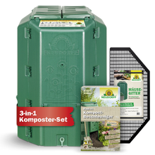 Das Neudorff Shop Komposter-Set besteht aus einem grünen Kompostbehälter aus Kunststoff, einem Beutel Kompost-Beschleuniger und einem schwarzen Nagetierschutzgitter. Auf dem roten Etikett steht "3-in-1 Komposter-Set" - ideal für einfache Kompostierung und nährstoffreiche Erde.