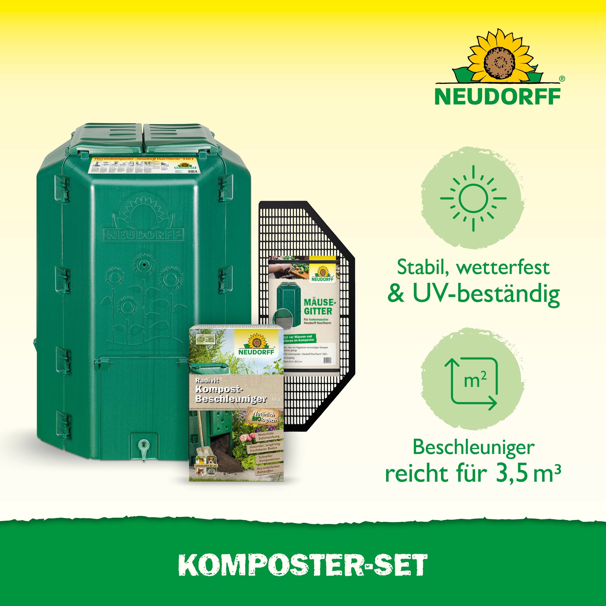 Das Neudorff Shop Komposter-Set ist eine grüne Komposttonne mit Zubehör wie Gitterplatte und Produktpaketen. Stabil, wetterfest, UV-beständig, beschleunigt er die Kompostierung und liefert Komposterde mit einem Fassungsvermögen von 3,5 m³.