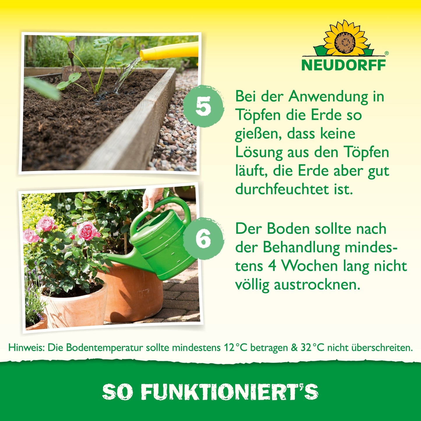 Osoba kypří půdu v záhonu ruční motyčkou, zatímco jiná zalévá rostlinu. Logo Neudorff Shop a německý návod upozorňují na použití užitečných organismů proti lalokonoscům pro přírodní hubení škůdců.