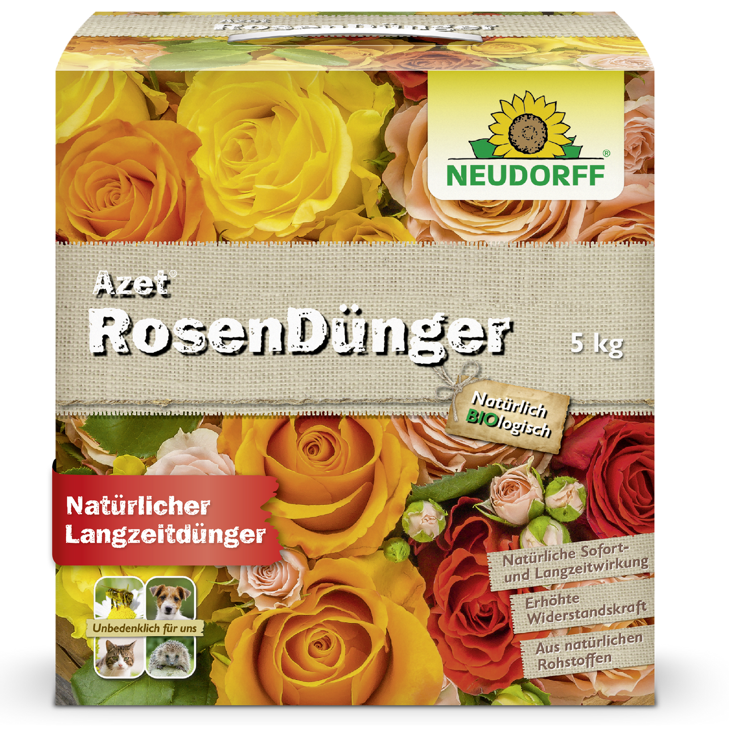 Eine 5 kg Kiste Neudorff Shop Azet RosenDünger zeigt Bilder von gelb, orange und rot blühenden Rosen. Natürlich und organisch, bietet es langfristige Nahrung für Ihre Rosen.