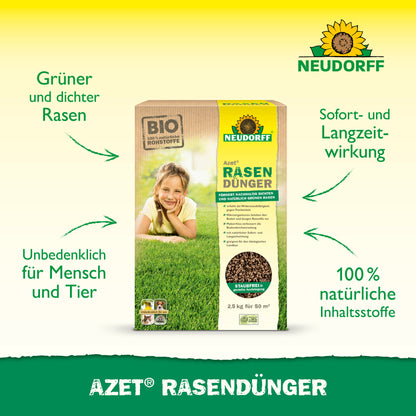 Azet RasenDünger 2,5-5 kg von Neudorff Shop ist abgebildet; grüne Texte heben "100% natürliche Inhaltsstoffe" und "Sofort- und Langzeitwirkung" für eine dichte Rasenfläche auf gelb-grünem Hintergrund hervor.