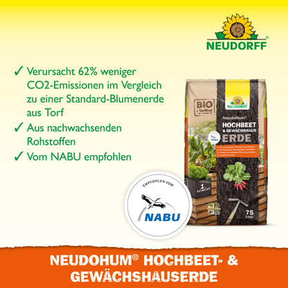 Eine Verpackung von NeudoHum Hochbeet & GewächshausErde von Neudorff Shop steht aufrecht und zeigt den reduzierten CO2-Ausstoß, die Verwendung von nachwachsenden Rohstoffen, die NABU-Empfehlung und das NABU-Logo.