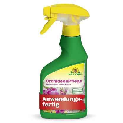 Auf einer grünen Sprühflasche mit gelber Düse mit der Aufschrift "OrchideenPflege" von Neudorff Shop sind Orchideen abgebildet und ein Text weist darauf hin, dass es sich um ein gebrauchsfertiges Pflanzenpflegeprodukt für eine optimale Orchideengesundheit handelt.