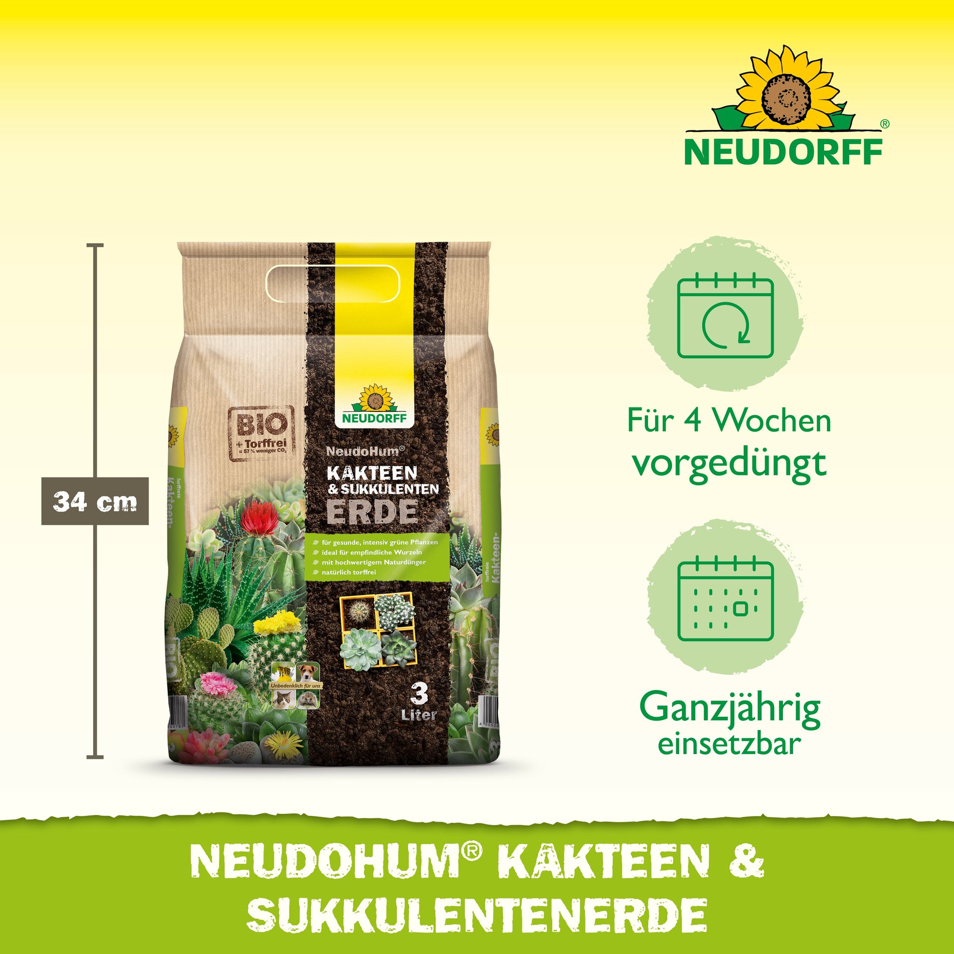 Abgebildet ist ein 3-Liter-Beutel NeudoHum Kakteen & SukkulentenErde von Neudorff Shop, 34 cm groß. Auf der Verpackung steht, dass sie torffrei, hochwertig, 4 Wochen lang vorgedüngt und das ganze Jahr über ideal für Kakteen und Sukkulenten ist.