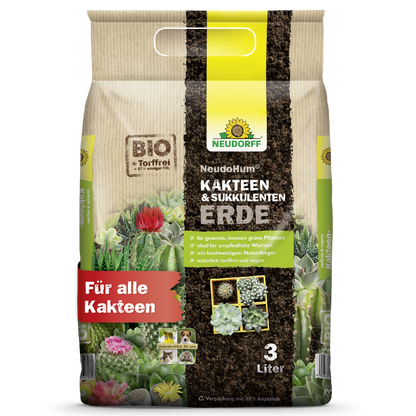 Třílitrový pytel Neudorff Shop NeudoHum Kakteen & SukkulentenErde, ideální pro všechny kaktusy a sukulenty, v béžovém balení se zeleno-žlutými akcenty, obrázky kaktusů a červeným textem "Pro všechny kaktusy".