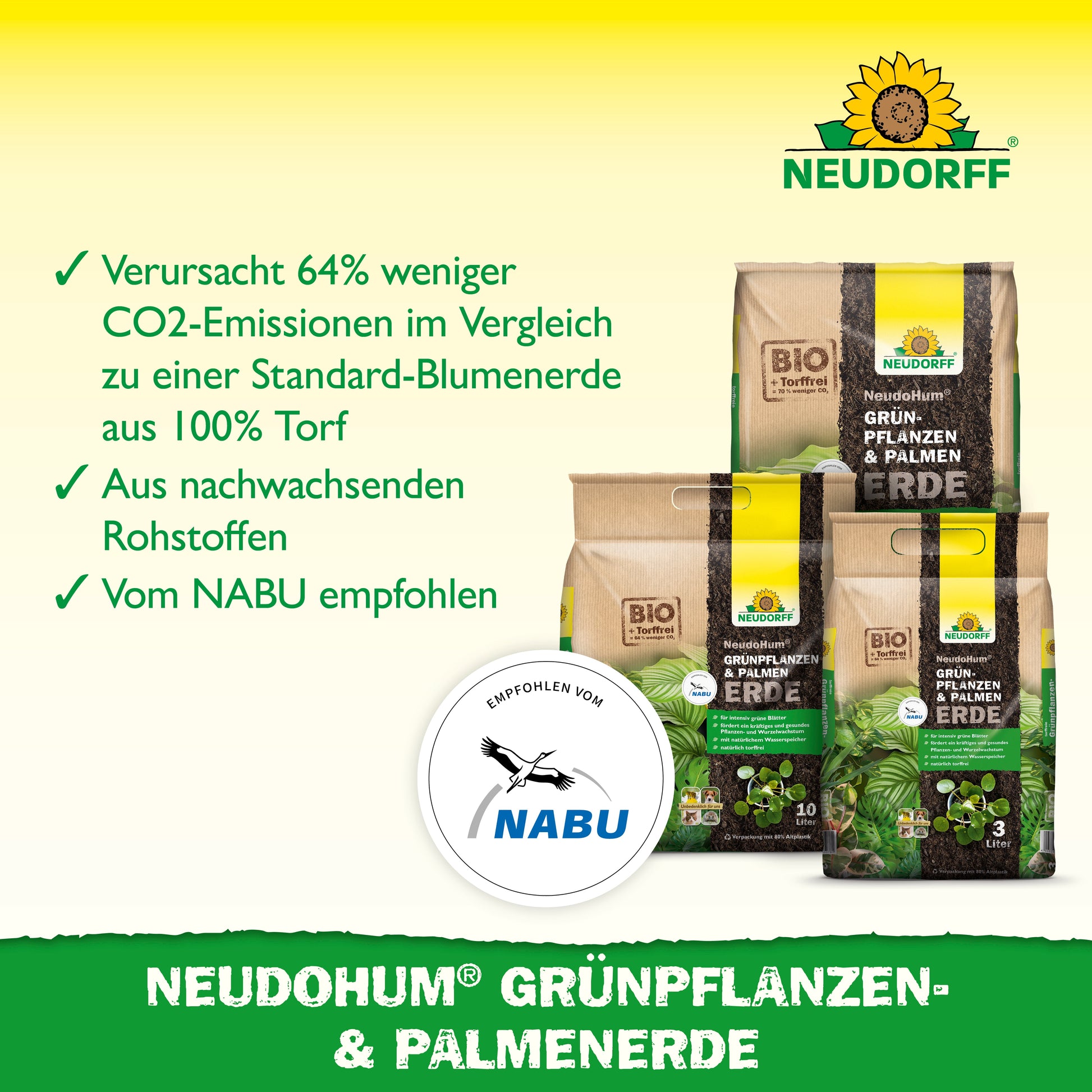 Drei Beutel der NeudoHum Grünpflanzen- & PalmenErde aus dem Neudorff Shop werden ausgestellt. Hervorgehoben werden u.a. reduzierte CO₂-Emissionen, nachwachsende Rohstoffe, NABU-Empfehlung, NABU-Logo, Neudorff-Logo (oben rechts) und die Eignung für Zimmerpflanzen.