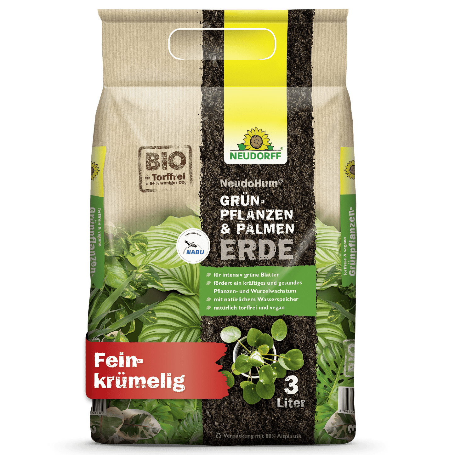 3litrový sáček NeudoHum Zelené rostliny & Palmová zemina z obchodu Neudorff v béžovo-zeleném obalu s obrázky rostlin, informacemi o produktu, červenou etiketou "Jemně zrnitý" a upozorněním na jeho přirozenou schopnost zadržovat vodu.