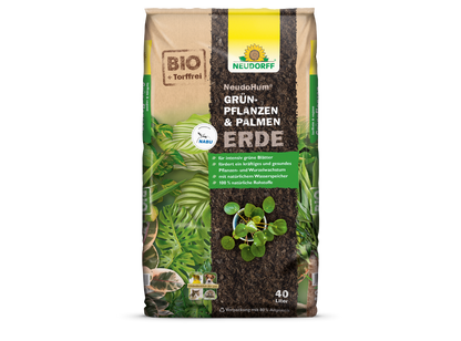 40L NeudoHum Zelené rostliny & Palmová zemina z obchodu Neudorff je bezrašelinová zemina pro pokojové rostliny a palmy s přirozeným zadržováním vody. Hnědo-zelený obal je opatřen bílými a žlutými akcenty a obrázky zelených listů.