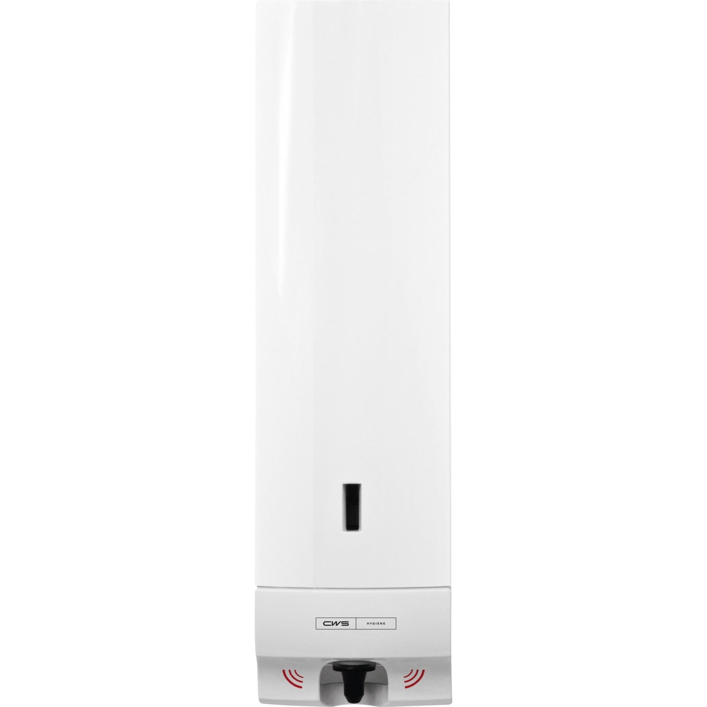 Dávkovač pěnového mýdla CWS ParadiseLine Foam Slim Non-Touch v bílé barvě je nástěnný dávkovač s viditelným okénkem pro stav mýdla, černým senzorem pro bezdotykovou hygienu a logem CWS Hygiene nad tryskou.