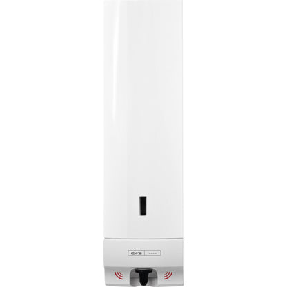 Dávkovač pěnového mýdla CWS ParadiseLine Foam Slim Non-Touch v bílé barvě je nástěnný dávkovač s viditelným okénkem pro stav mýdla, černým senzorem pro bezdotykovou hygienu a logem CWS Hygiene nad tryskou.