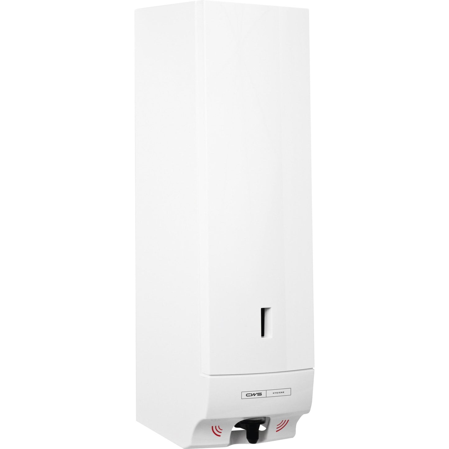 Dávkovač pěnového mýdla CWS ParadiseLine Foam Slim Non-Touch v bílé barvě má obdélníkový design na stěnu s průhledným okénkem pro stav naplnění a bezdotykovým senzorem u trysky pro optimální hygienu.
